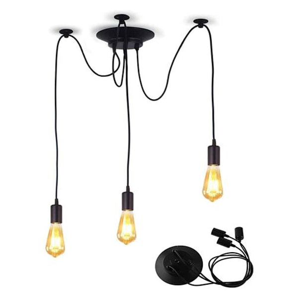 Spider Pendel Lysekrone E27 Sokkel Retro Industriell Svart Lampeskjerm, DIY Justerbar Lengde (Uten pære) - 1.5m Ledning, 3 armer