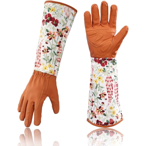 Havehandsker i læder med rosenprint til kvinder, forlængede Pro-handsker til rosenbeskæring, havearbejde, gave til mor og bedstemor (rød)