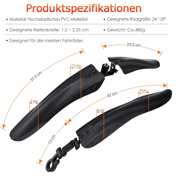 Cykelskärmar Skyddsskärmar Mountainbike MTB Skyddsskärmar Set för 24-29 tum, Skyddsskärmar Cykel Set, Skydd mot stänk & smuts, Lätt