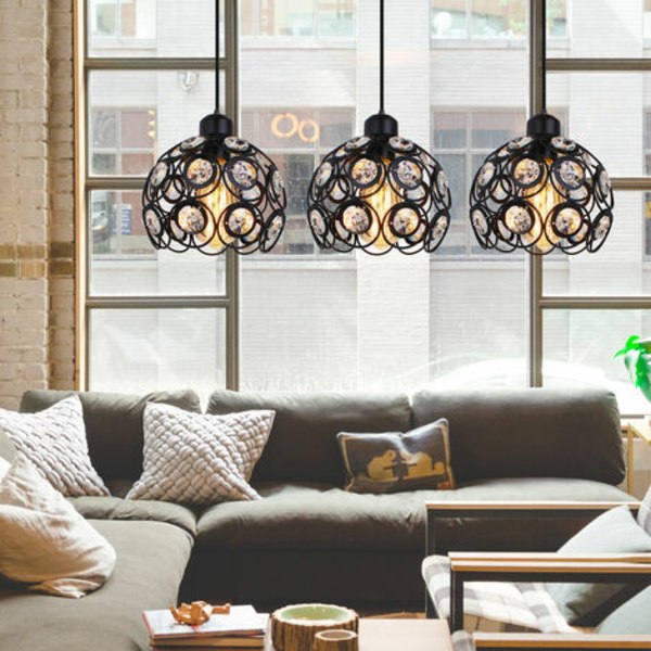 Pendellampe Moderne Krystall Lysekrone Metall Taklampe 3 Lamper for Soverom Stue Restaurant Svart