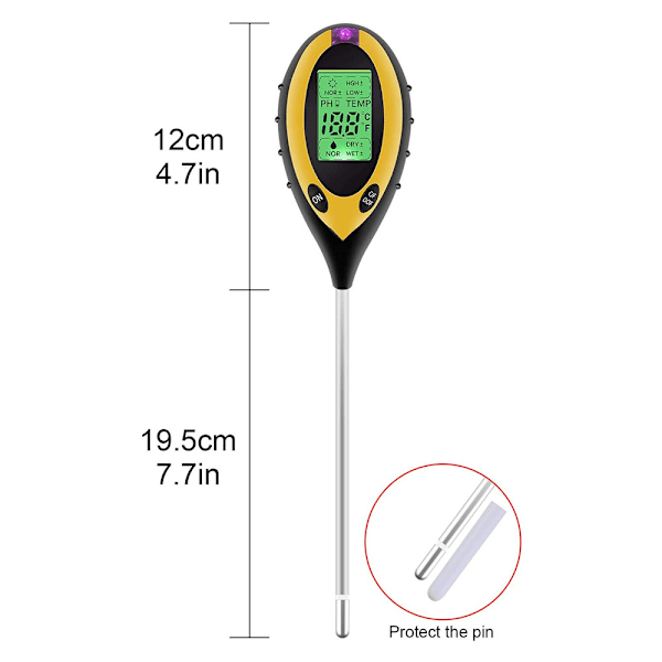 4 i 1 växttestare PH-mätare, solljus, temperatur, fuktmätning PH-värdemätare för växter, trädgård, gård, inomhus, utomhus