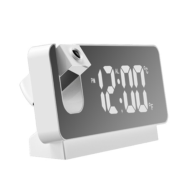 Projektionsvækkeur til soveværelse, digitalt vækkeurradio med lysdæmper og USB-opladningsporte, 180° roterbar projektor, dobbelt alarm, snooze, klart LED