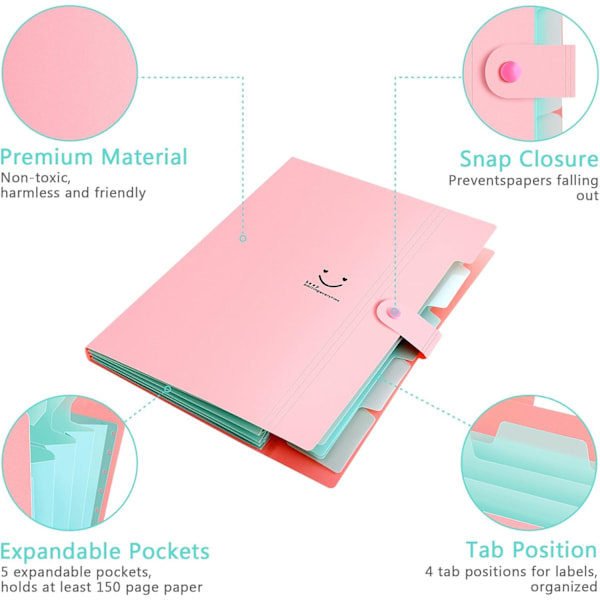 Fächermappe 4 Fächer A4 Ordner Dokumentenmappe PP Erweitern Schulordner dokumente organizer Rosa Cover