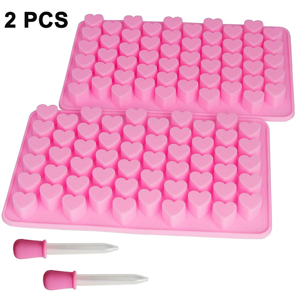 Mini Hjerteform Silikone Gummiforme Chokoladeform Pakke med 2 Silikone Kageforme til Bagning 55 Huller Isforme med 2 Bonus Pipetter - Pink