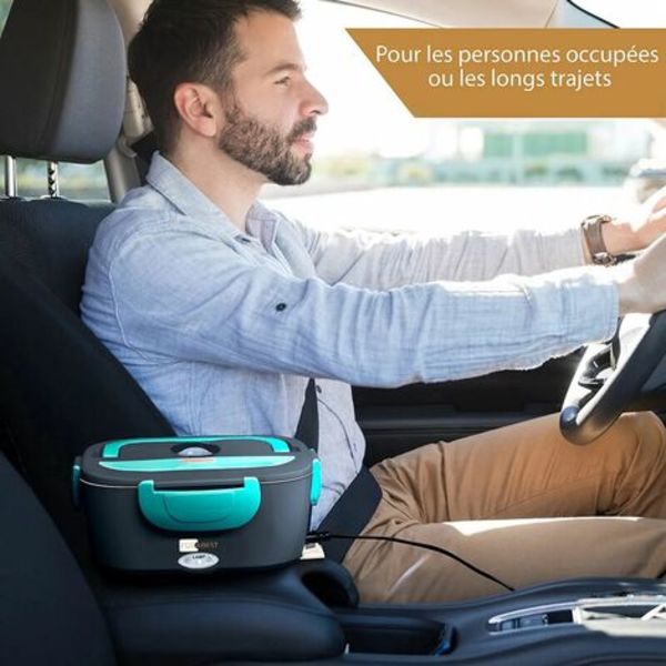 Sähköinen lämmitettävä lounasrasia - 2-in-1 kuljetettava lounasrasia autoon ja kotiin - vedenpitävä, 2 lokeroa, 304 ruostumattomasta teräksestä valmistettu säiliö, haarukka ja