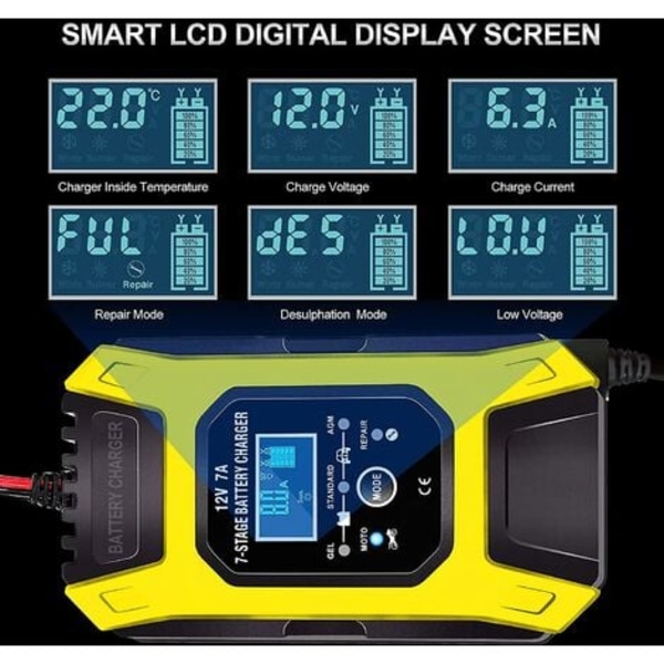 7A/12V Smart Batterioplader Bærbar Hurtig Motorcykeloplader med LCD-skærm Beskyttelse Reparationstilstand til Bil Motorcykel Auto Gul
