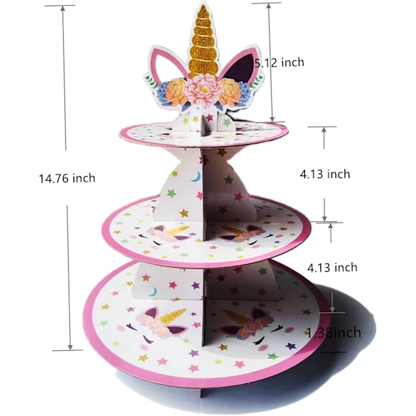 Enhjørning Festartikler, ANMEISH 3-lags Pap Cupcake Display Stand, Enhjørning Festdekorationer Ideel til Fødselsdagsfest Baby Shower