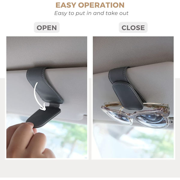 Magnetisk Solbrilleholder i Læder, Brilleholder Clip til Bil Solskærm, Egnet til Forskellige Størrelser Briller, Grå, 1 stk.