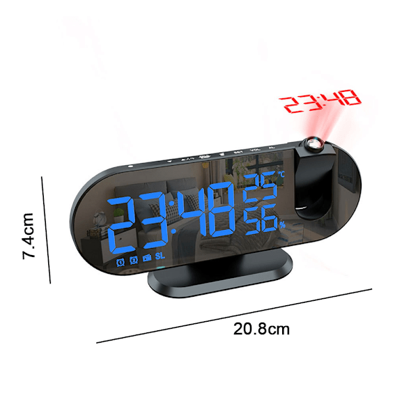 Digital Projektions Vækkeur, LED Spejl Vækkeur Radio med 180° Projektor, Dobbelte Alarmer, USB Oplader, 12/24 Timer, Snooze Model, Radio Vækkeur