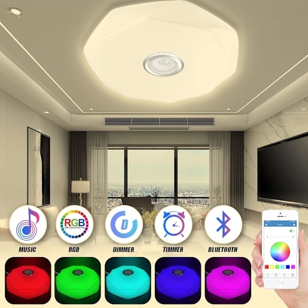 48W Dimbar LED Taklampe med Bluetooth-høyttaler, Ø39cm RGB Bluetooth Taklampe med Fjernkontroll og App-kontroll, LED Musikalsk Taklampe for