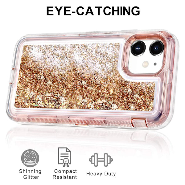 Fodral för iPhone 11, kraftigt flickaktigt flytande Bling flytande sand Hybrid stöttåligt stöttåligt hårt stötfångare mjukt genomskinligt gummiskydd