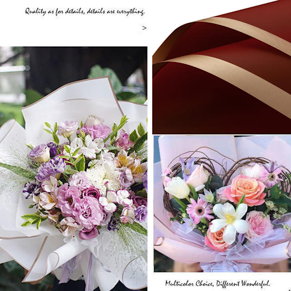 20 st vattentätt blomsteromslagspapper 58 * 58 cm, guldkant blomsteromslagspapper, DIY presentförpackning,