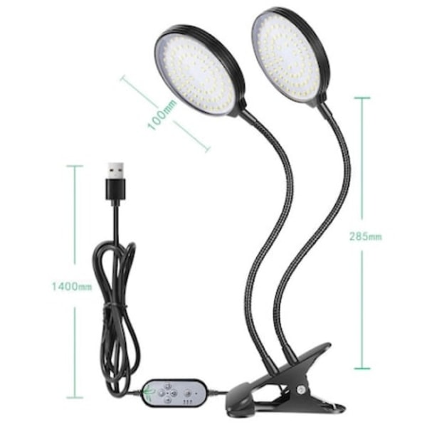 Fullspektrum UV-lampa för växande växter med 2 flexibla armar, 30 w, timer, 5 intensitetsnivåer, 78 lysdioder, runt huvud