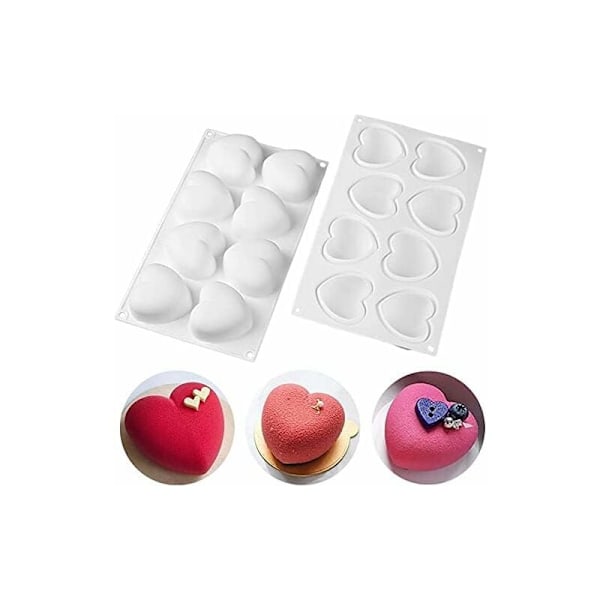 3D Hjerteformet Mousse Silikone Kageform, Dessertform, Silikonemousse, Kager osv. (8 hjerteformede 3D hulrum)