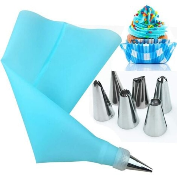 Kakesprøyteposer, 8 deler rustfritt stål DIY-sett, 6 sprøyteposer, 1 konditorpose, 1 kobling, DIY-sett for kakedekorasjon (Blå -1)