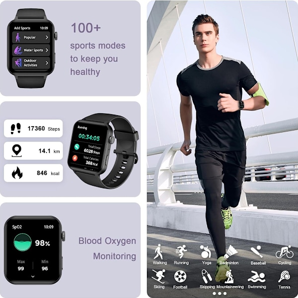 Smartwatch til mænd og kvinder med understøttelse af opkald og modtagelse af opkald, kunstig intelligens stemmeassistent, iltmætning/puls/søvn