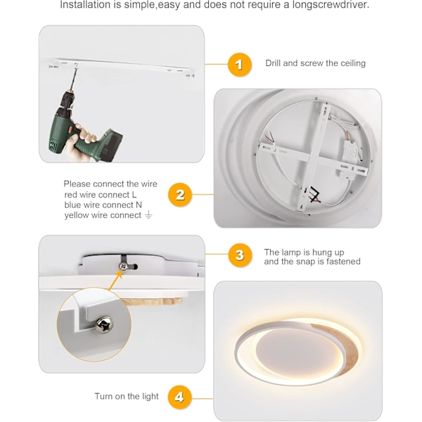 LED-taklampe i tre, 40 CM Taklampe for barnerom Dimbar LED-taklampe med fjernkontroll 3000K-6000K, Rund soveromslampe