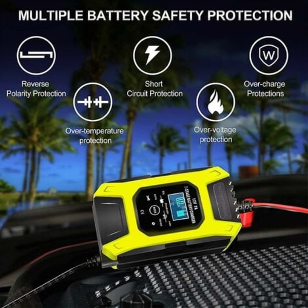 7A/12V Smart Batterioplader Bærbar Hurtig Motorcykeloplader med LCD-skærm Beskyttelse Reparationstilstand til Bil Motorcykel Auto Gul