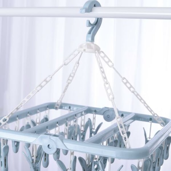 Sock Drying Rack, Hängande Tvättställ med 32 Vindtäta Klämmor, Fällbar Underklädesstrumptork för Strumpor, Underkläder, Babykläder, Handdukar (Blå)