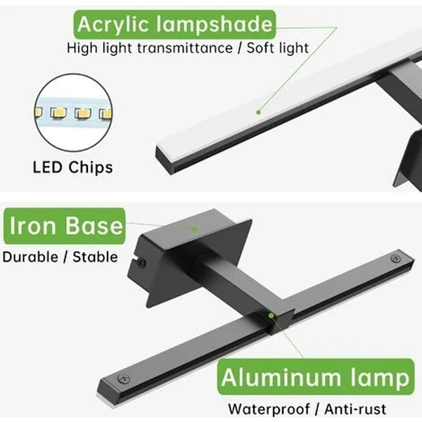 9W LED Spejllys, 6000K Køligt Hvidt Badeværelsesspejl Lys 40cm Spejlfront Belysning Badeværelsesskab Belysning 720LM Sort Led Spejl Væglampe til