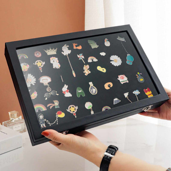 Pin Display Case Ordnad Förvaring Transparent Dammtät Svart Badge Förvaringslåda för Hem Smycken Butik S