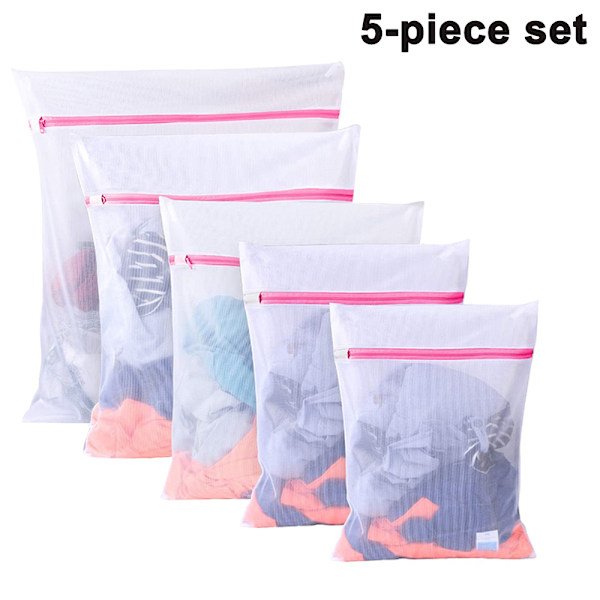 Mesh Vasketøjspose Sæt med 5, Hvide Delikate Holdbare Polyester Vaskeposer med Lynlås til Vasketøj Bluse Strømper Undertøj BH og Lingeri