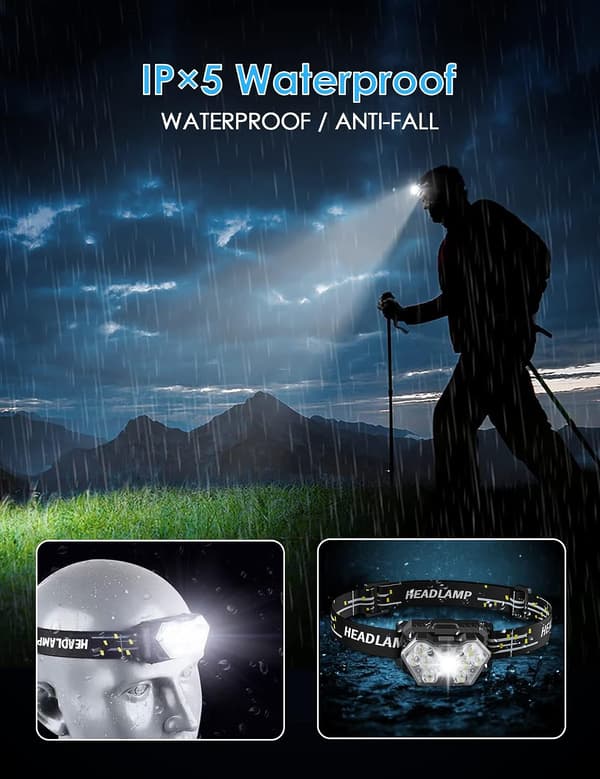 LED Batterihodelykt (2 stk/1 stk), 2000 Lumen Hodelykt med AAA-batterier, 6 Lysmoduser, Justerbar, IPX5 Vanntett, Egnet for