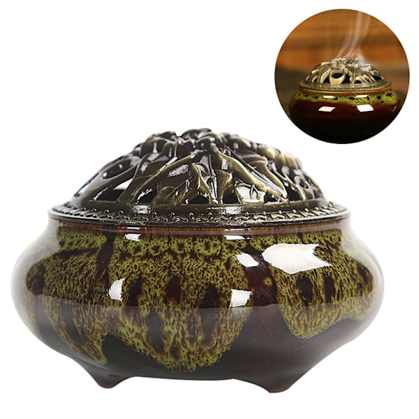 Keraaminen suitsuketeline, kuparikansi, Buddha, antiikkiseoslanka, santelipuu suitsuke, suitsuke, jäähalkeamakilpiuuni