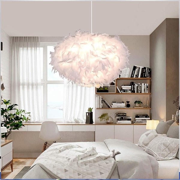 Hvit Fjær Pendel Lysekrone E27 40W - Diameter 45CM