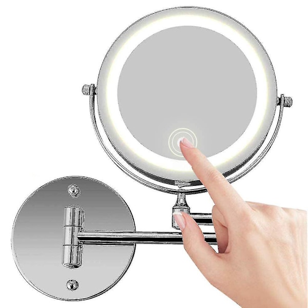 Veggmontert Sminkespeil, 10x Forstørrende Tosidig LED-belyst Sminkespeil for Bad, 360 Roterbar, USB Oppladbar og 7 Tommers Uttrekkbar Arm, ch