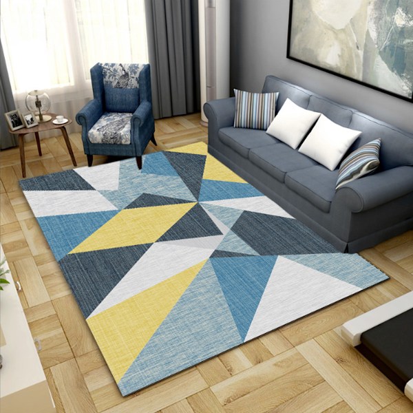 Vardagsrumsmatta Geometriska trianglar Modern gul blå kort lugg halkfri matta Sammetsmatta för barn Låg matta för sovrumssoffa bord Vardagsrumsmatta