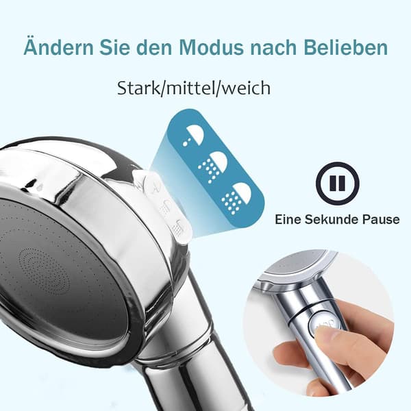 Dusch, högtrycks handdusch med 3 högtrycksmunstycken och vattenavvisande smuts, universell dusch, krompläterad (version med stoppfunktion)