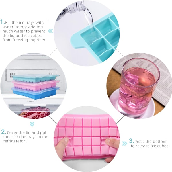 Isterningebakker med låg, 3-pak (Pink+blå+grøn) Silikone isterningebakker Fleksible og nemme at frigøre 36 isterningeforme BPA-fri