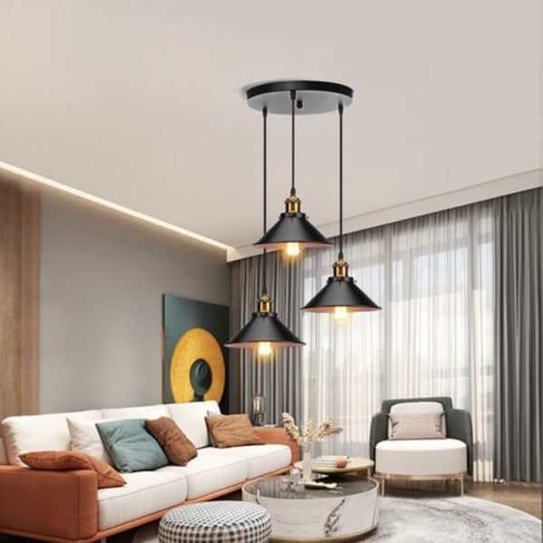 3-lampig pendellampa i retrostil, industriell taklampa, designer Edison metallkronljuskrona, pendellampa med rund platthållare, 22 cm, svart och vit
