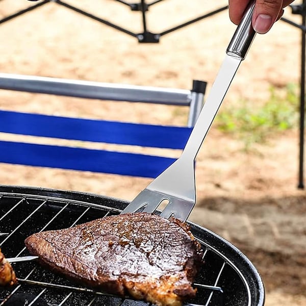 3-delat grillverktyg i rostfritt stål, grillspatel, tång, gaffel, professionellt grillset