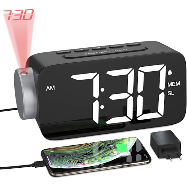 YISSVIC Projektionsväckarklocka FM Radioväckarklocka 6,5'' LED-display Projektionsklocka Enkel Snooze 3 Justerbar Ljusstyrka 180° Vridbar Projektor med Adapter