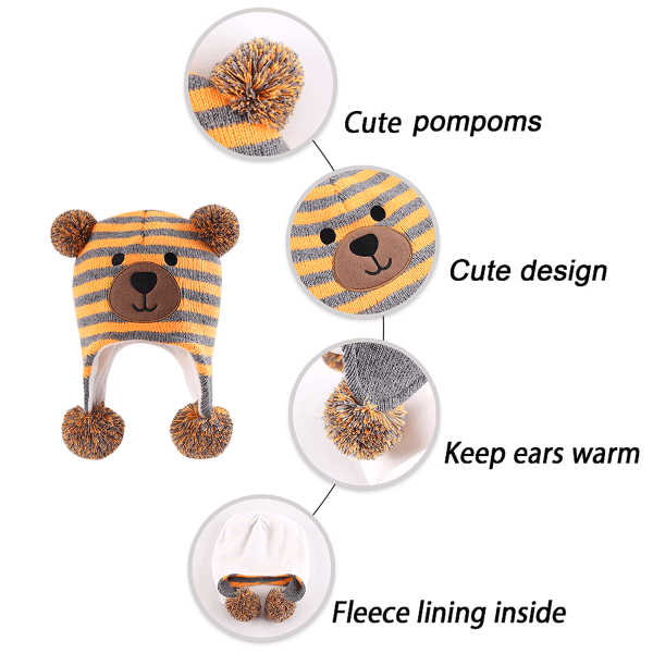 Baby Boy Hat Vinter Fleece Fodrad Mössa Stickad Öronlapp Barn Mössor Spädbarn Småbarn Mössor för Baby Flickor med Pom Pom