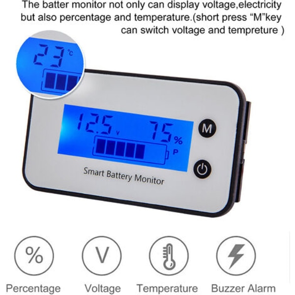 IPX7 Batterikapacitetsmåler, DC 7-100 V 12 V 24 V 36 V 48 V Batteriprocent Spændingstester LCD-skærm Bil