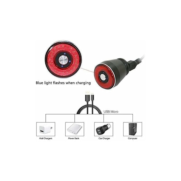 Intelligent cykelbaglygte, genopladelig USB-bremseinduktion, IPx6 vandtæt, cykellygter, automatisk start-stop, 4 tilstande,