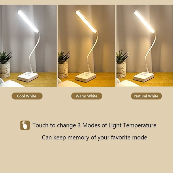 LED Skrivebordslampe Trådløs Oppladbar USB Batteri 2000mah, Berøringsdimmer Intensitet 3 Fargemoduser, Leselampe Tavle Barn Soverom
