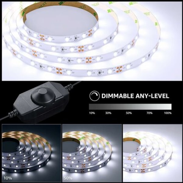 5M LED 1200Lm Dimbar Kall Vit, 12V 6000K 300Leds 2835, Självhäftande LED-remsa med dimmer, kontakter + transformator, inomhusbelysning