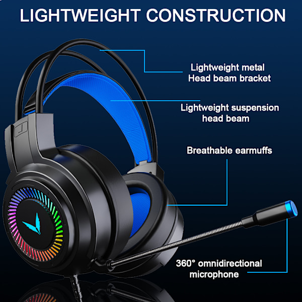 Peliheadset-kuulokkeet surround-äänellä - PS4:lle, PC:lle, Xbox Onelle, melua vaimentavat over-ear-peliheadsetit mikrofonilla, hienot valot, mukavat