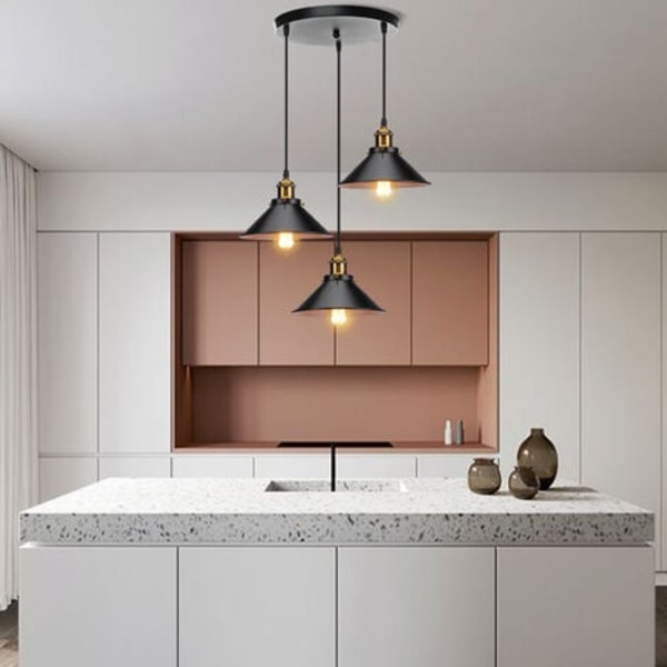 3-lampig pendellampa i retrostil, industriell taklampa, designer Edison metallkronljuskrona, pendellampa med rund platthållare, 22 cm, svart och vit
