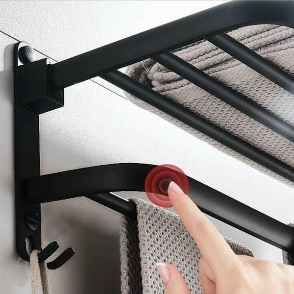 Badeværelseshåndklædeholder, Monteret Foldbar Opbevaringshylde, Aluminiumsplads, Vægmonteret Badeværelseshåndklædeholder (40 cm, Sort)