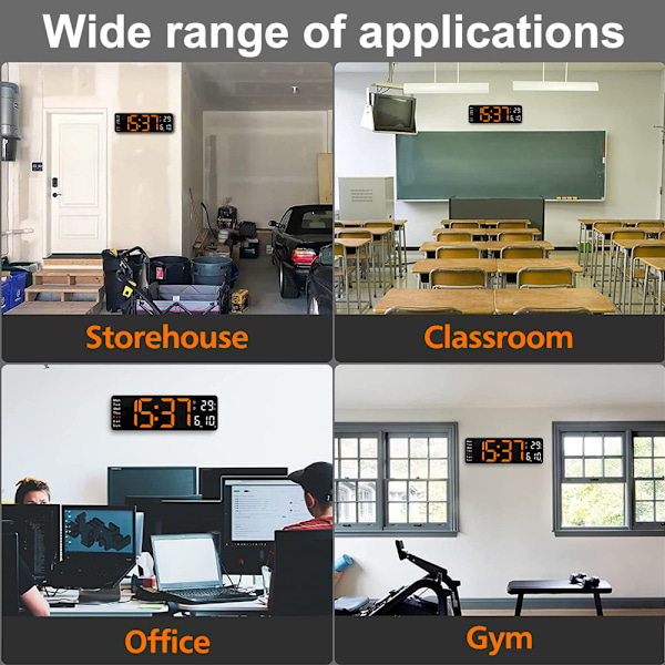 Stor digital väggklocka med tid, datum och temperaturvecka