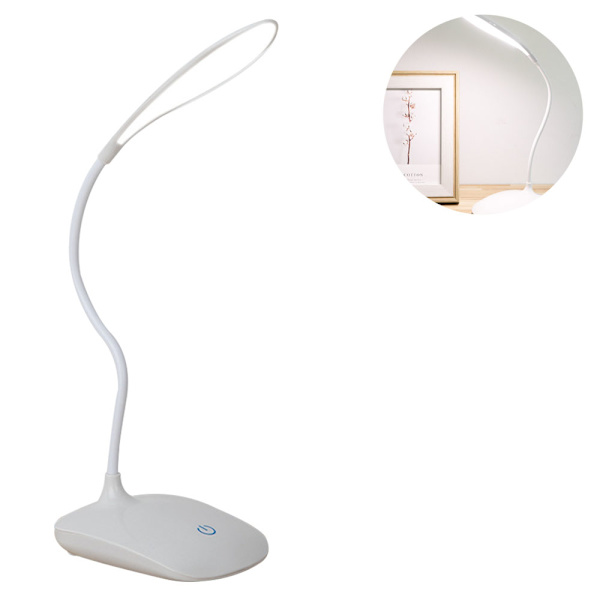 LED Skrivebordslampe med Fleksibel Svanenhals, 3 Lysstyrkeniveauer, Batteridrevet Bordlampe med Touch-Kontrol, Kompakt Bærbar Lampe til Kollegie, Studierum og Kontor
