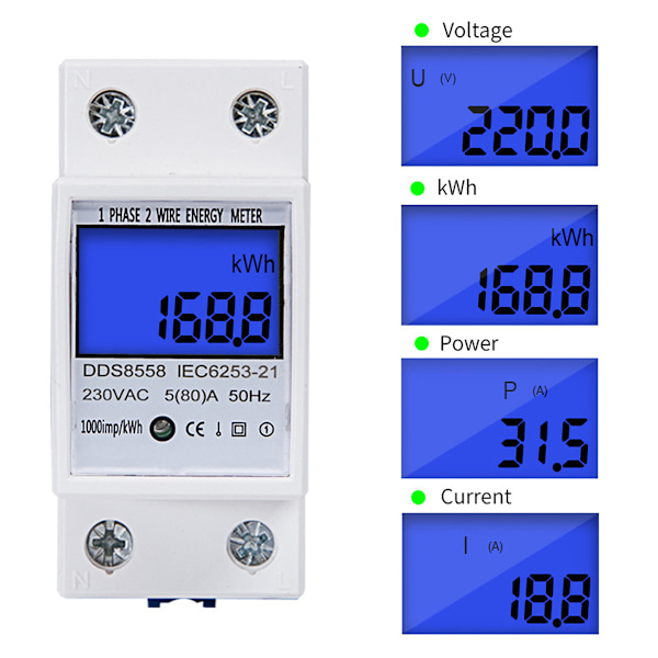 [2 stk.] elmåler 5-80A 230V 50Hz digital elmåler med LCD-skærm elektrisk divisionsmåler 1 fase 2 poler 2P DIN-skinne