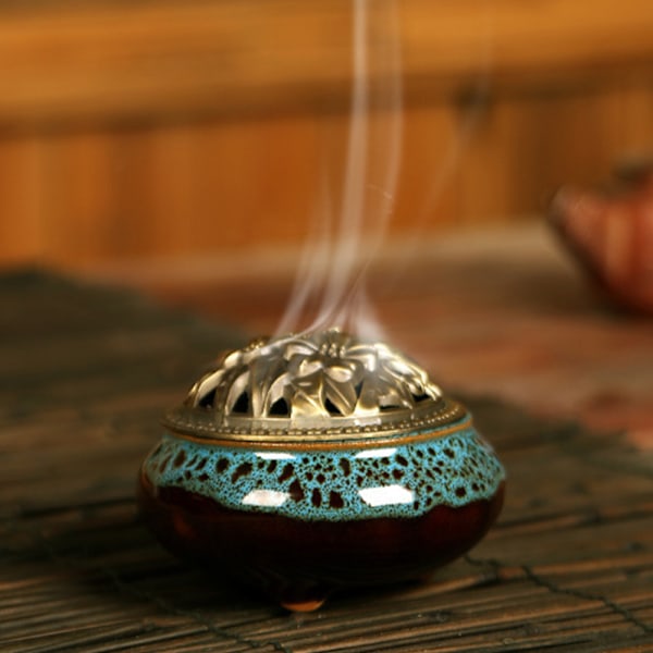 Keramisk rökelsebrännare, kopparlock, Buddha, antik legeringskabel, sandelträ rökelse, rökelse, rökelse, iskrackad ugn förändring