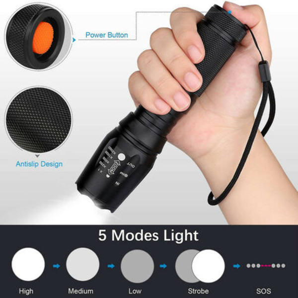 LED-ficklampa Militär Taktisk Fackla Facklor Superljus Kraftfull Lumen Justerbar Fokus Ficklampa，(Svart)- UNOIU