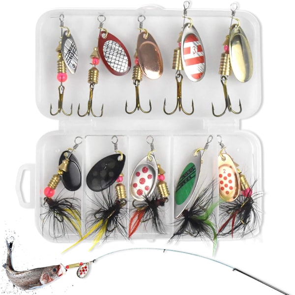 Fiskedrag, 10 stycken spinnerindikatorset, flerfärgad fiskespinnerdrag, skeddrag, med trekrokar, för öring, abborre, lax, gädda,